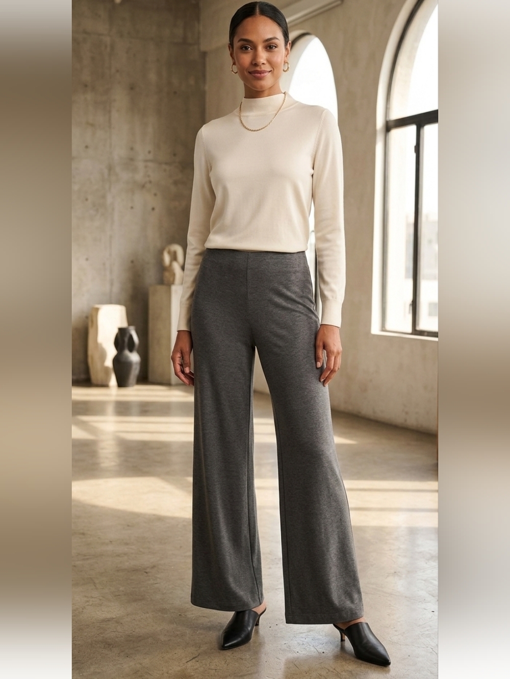 T Tahari Pull-on Wide-Leg Tummy Control Ponte Pants Sz XS Dark Coal Heat…